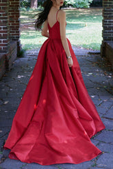Red Prom Dress V Neck Satin Long Evening Dress